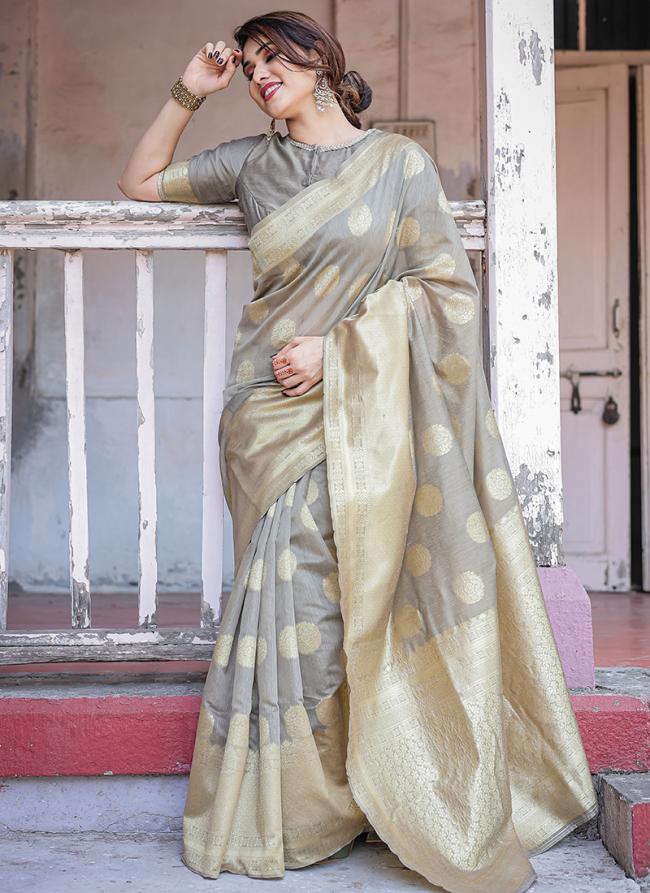 Chanderi Silk Grey Festival Wear Weaving Saree